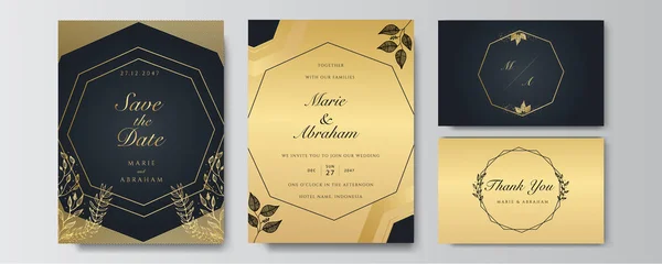 Plantilla Diseño Invitación Boda Negra Dorada Elegante Premium — Archivo Imágenes Vectoriales