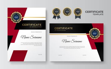 Takdir belgesi şablonu, altın ve kırmızı renk. Altın rozetli temiz modern sertifika. Lüks ve modern sınır şablonu sertifikası. Diploma vektör şablonu