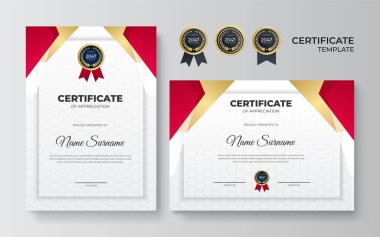 Takdir belgesi şablonu, altın ve kırmızı renk. Altın rozetli temiz modern sertifika. Lüks ve modern sınır şablonu sertifikası. Diploma vektör şablonu