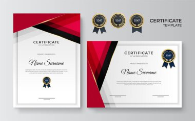 Takdir belgesi şablonu, altın ve kırmızı renk. Altın rozetli temiz modern sertifika. Lüks ve modern sınır şablonu sertifikası. Diploma vektör şablonu