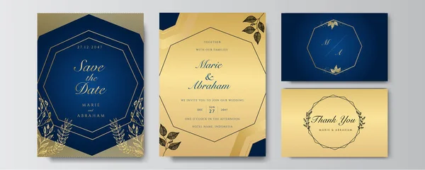 Plantilla Diseño Invitación Boda Azul Dorado Elegante Premium — Archivo Imágenes Vectoriales