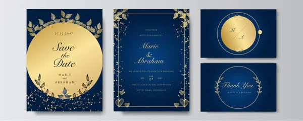 Plantilla Diseño Invitación Boda Azul Dorado Elegante Premium — Archivo Imágenes Vectoriales