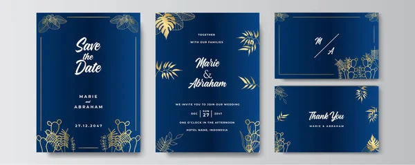 Moderne Elegante Goldblaue Hochzeitseinladungsvorlage — Stockvektor