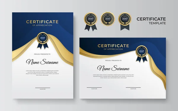 Szablon Certyfikatu Elegancki Niebieski Złoty Dyplom — Wektor stockowy