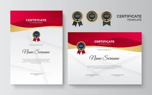 Plantilla Certificado Agradecimiento Oro Color Rojo Certificado Moderno Limpio Con — Vector de stock