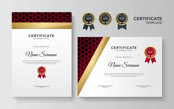 鉴赏证书模板 金色和红色 用金色徽章清洁现代证书 具有豪华和现代行程图的证书边界模板 文凭矢量模板 — 图库矢量图片