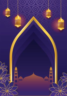 Cami, Arap desenli, fenerli, ay ve hilal şeklinde modaya uygun bir poster. Tebrik kartı, poster, afiş, davetiye, broşür, ramazan, bayram, adha, iftar daveti için kullanılabilir.