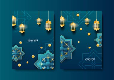 Moda İslami Ramazan tebrik kartı ve içinde cami, fener, desen ve hilal bulunan poster şablonu. İftar davetiyesi için dizayn, Ramadhan Mübarek Kareem. Vektör illüstrasyonu