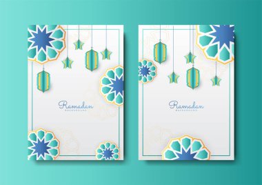 Moda İslami Ramazan tebrik kartı ve içinde cami, fener, desen ve hilal bulunan poster şablonu. İftar davetiyesi için dizayn, Ramadhan Mübarek Kareem. Vektör illüstrasyonu