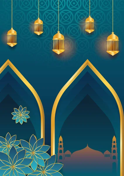 Fond Affiche Islamique Tendance Avec Mosquée Motif Arabe Lanterne Lune — Image vectorielle