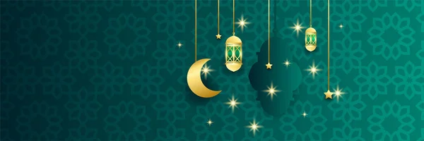 Ramadan Kareem Banner Bakgrunn Med Måne Islamsk Mønster Lykt Gullmåne – stockvektor