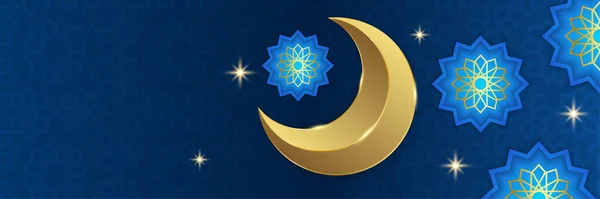 Ramadan Kareem Banner Hintergrund Mit Mond Islamischem Muster Laterne Goldmond — Stockvektor
