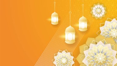 Sallanan fener turuncu renkli İslami tasarım arka planına sahip güzel gerçekçi mandala