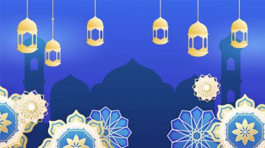 Asılı fener mavi ve altın renkli İslami tasarım arka planına sahip güzel gerçekçi mandala