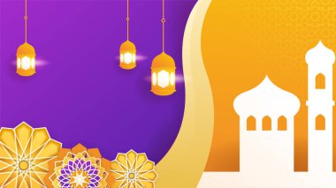 Sallanan mor fenerli gerçekçi mandala. Turuncu renkli İslami tasarım arka planı.