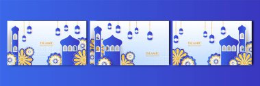 İslami tasarım arka planında mavi fener sallanan bir dizi gerçekçi mandala.