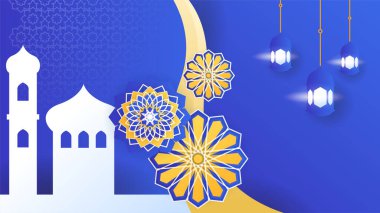 Asılı fener, mavi renkli İslami tasarım arka planına sahip güzel gerçekçi mandala.