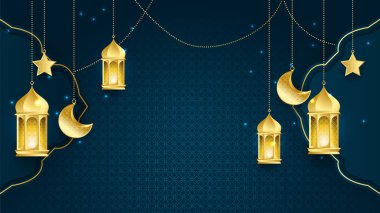 Mandala desenli, asılı fener, ay ve yıldızlı güzel, gerçekçi, mavi, İslami Ramazan kareem tasarımı..