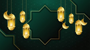 Mandala desenli, asılı fener, ay ve yıldızlı güzel, gerçekçi, yeşil, İslami Ramazan kareem tasarımı..