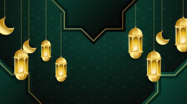 Mandala desenli, asılı fener, ay ve yıldızlı güzel, gerçekçi, yeşil, İslami Ramazan kareem tasarımı..