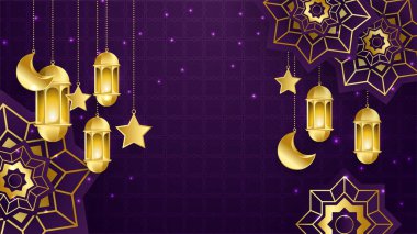Ramazan Kareem vektör kartı üzerinde 3d altın metal hilal ve yıldızlar var. Geleneksel desenli mor renkli Arap tarzı kemer.