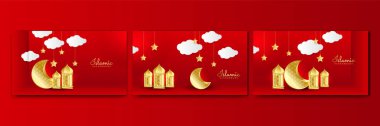 Ramazan Kareem geçmişi. Kırmızı altın ay ve soyut lüks İslami elementler arka plan