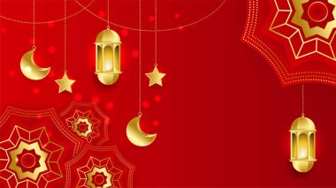 Ramazan Kareem geçmişi. Kırmızı altın ay ve soyut lüks İslami elementler arka plan