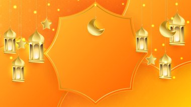Gerçekçi 3D Ramazan Kareem geçmişi. Turuncu altın ay ve soyut lüks İslami elementler arka plan