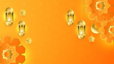 Gerçekçi 3D Ramazan Kareem geçmişi. Turuncu altın ay ve soyut lüks İslami elementler arka plan