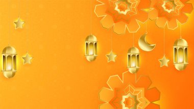 Gerçekçi 3D Ramazan Kareem geçmişi. Turuncu altın ay ve soyut lüks İslami elementler arka plan