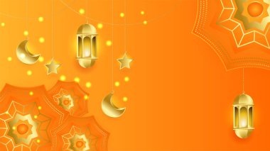 Gerçekçi 3D Ramazan Kareem geçmişi. Turuncu altın ay ve soyut lüks İslami elementler arka plan