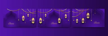 Gerçekçi 3D Ramazan Kareem seti. Mor altın ay ve soyut lüks İslami elementler arka plan
