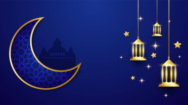 Güzel Ramazan Kareem mavi ve altın pankart tasarımı. Gerçekçi 3D Ramazan Kareem geçmişi. Mavi altın ay ve soyut lüks İslami elementler arka plan