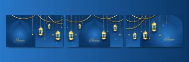Güzel Ramazan Kareem mavi ve altın pankart dizaynı seti. Gerçekçi 3D Ramazan Kareem geçmişi. Mavi altın ay ve soyut lüks İslami elementler arka plan