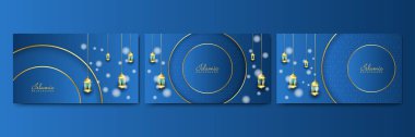 Güzel Ramazan Kareem mavi ve altın pankart dizaynı seti. Gerçekçi 3D Ramazan Kareem geçmişi. Mavi altın ay ve soyut lüks İslami elementler arka plan