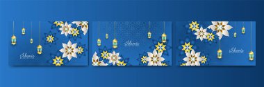 Güzel Ramazan Kareem mavi ve altın pankart dizaynı seti. Gerçekçi 3D Ramazan Kareem geçmişi. Mavi altın ay ve soyut lüks İslami elementler arka plan