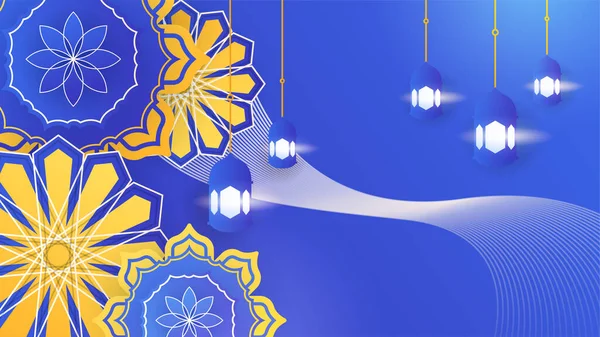 Mooie Realistische Mandala Met Opknoping Lantaarn Blauw Kleurrijke Islamitische Design — Stockvector