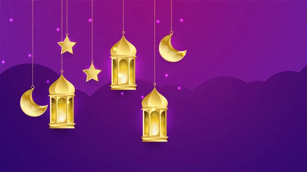 Cartelă Vectorială Ramadan Kareem Semilună Metalică Aurie Stele Arc Stil — Vector de stoc