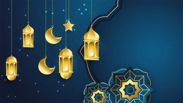 美丽而现实的豪华蓝色金色伊斯兰拉面卡列姆设计背景 带有曼陀罗图案 月亮和星星 — 图库矢量图片