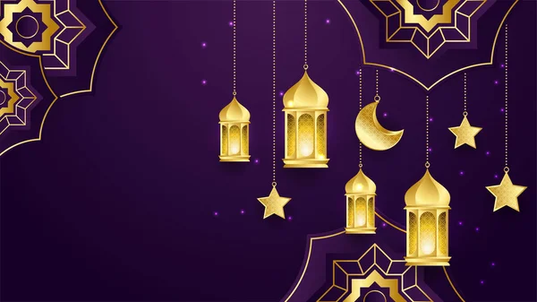 Ramadan Kareem Cartão Vetorial Com Crescente Metal Dourado Estrelas Arco — Vetor de Stock