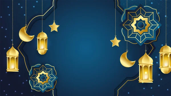 マンダラ柄 吊るし提灯 星などの美しい現実的な高級ブルーゴールドイスラムラマダーンカレームのデザインの背景 — ストックベクタ