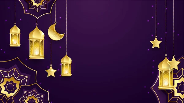 3D黄金の金属三日月と星とラマダーンKareemベクトルカード 伝統的なパターンと紫の色でアラビア風のアーチ — ストックベクタ