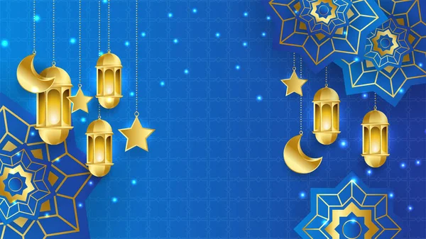 Realista Ramadan Fondo Kareem Luna Oro Azul Elementos Islámicos Lujo — Vector de stock