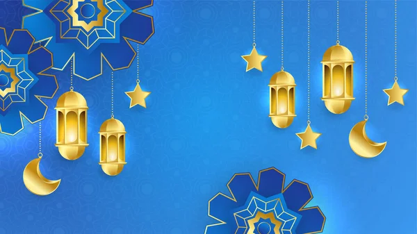 Realista Ramadan Kareem Fundo Lua Ouro Azul Abstrato Luxo Elementos — Vetor de Stock