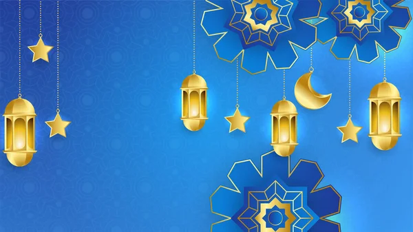 Realistico Ramadan Kareem Sfondo Luna Oro Blu Astratto Lusso Elementi — Vettoriale Stock