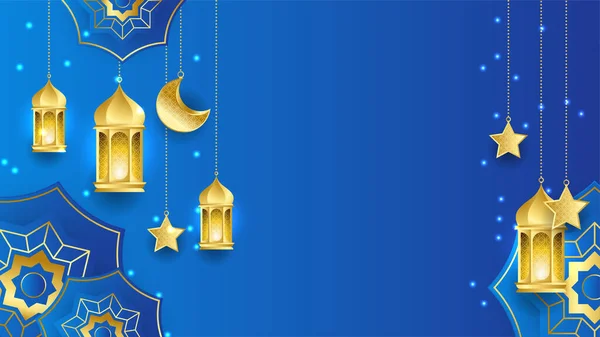 Realista Ramadan Kareem Fundo Lua Ouro Azul Abstrato Luxo Elementos — Vetor de Stock