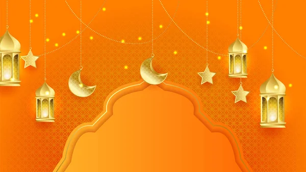 Realist Ramadan Kareem Fundal Luna Aurie Portocalie Elemente Islamice Abstracte — Vector de stoc