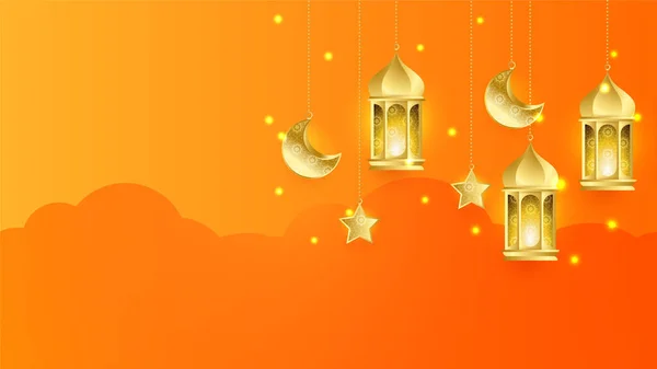 Realist Ramadan Kareem Fundal Luna Aurie Portocalie Elemente Islamice Abstracte — Vector de stoc