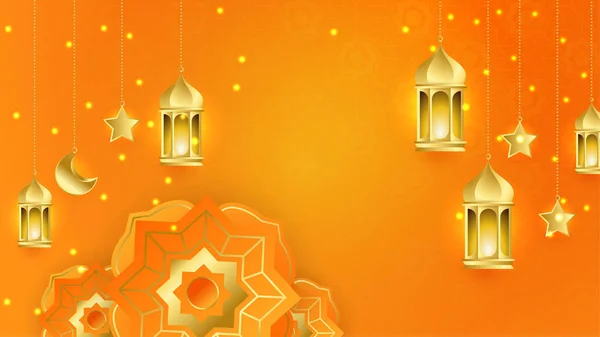 Realistiska Ramadan Kareem Bakgrund Orange Guld Måne Och Abstrakt Lyx — Stock vektor