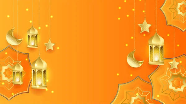 Réaliste Ramadan Kareem Fond Lune Orange Fond Abstrait Éléments Islamiques — Image vectorielle